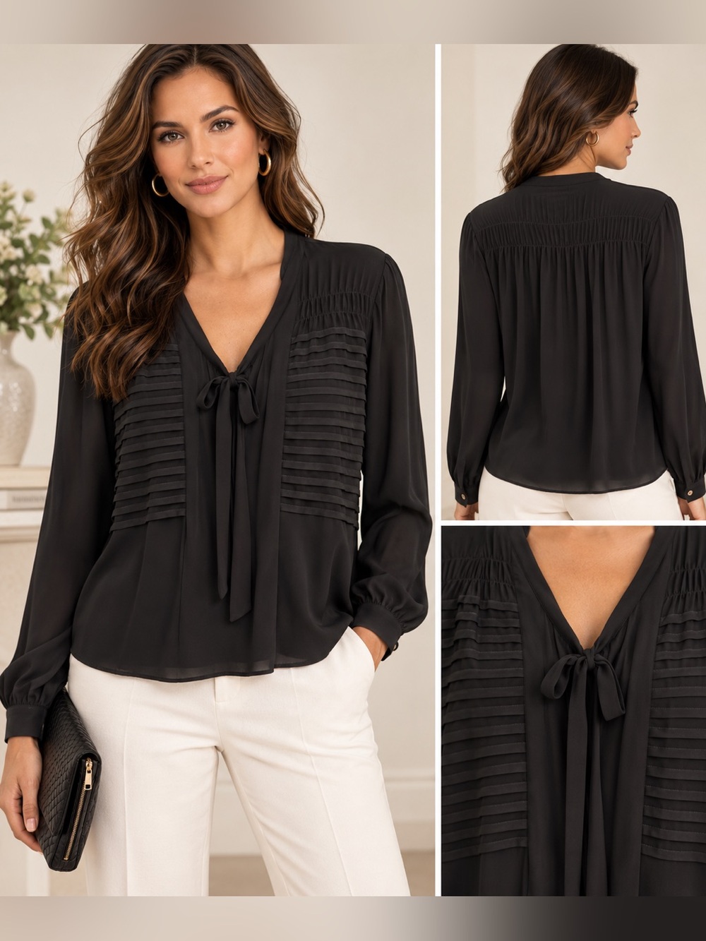 Twelfth Street by Cynthia Vincent Black Pintuck Tie Neck Blouse Size L